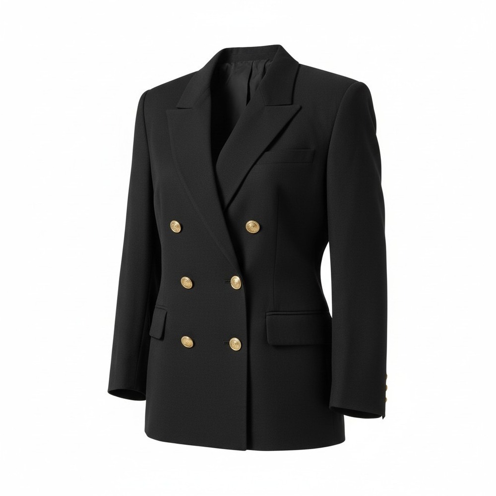 Talbots Petites Black 100% Worsted Wool Double Breasted Gold Crest Button Blazer